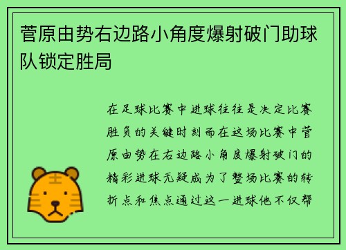 菅原由势右边路小角度爆射破门助球队锁定胜局
