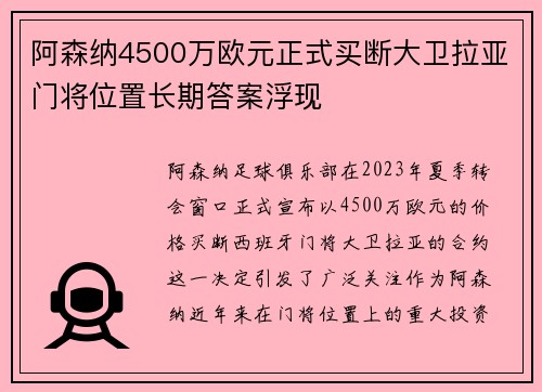 阿森纳4500万欧元正式买断大卫拉亚门将位置长期答案浮现